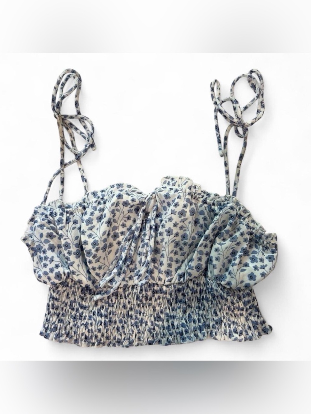 Floral Smocked Cropped Cami, Adjustable Straps M, Blue & White
